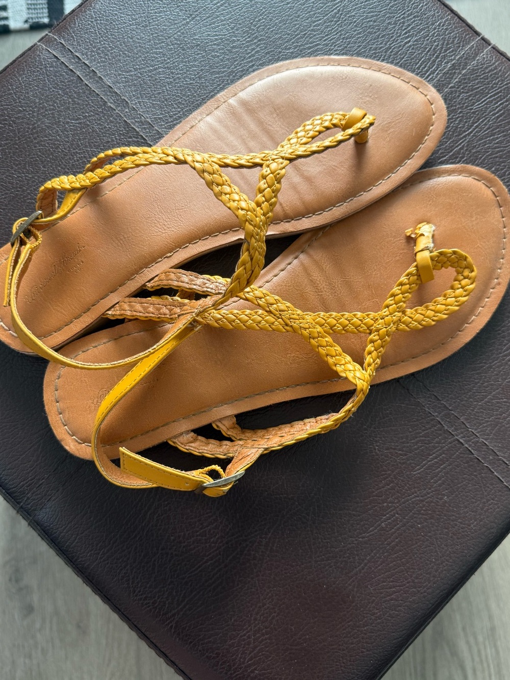 Universal Thread Braided T-Strap Sandals in Yellow and Tan